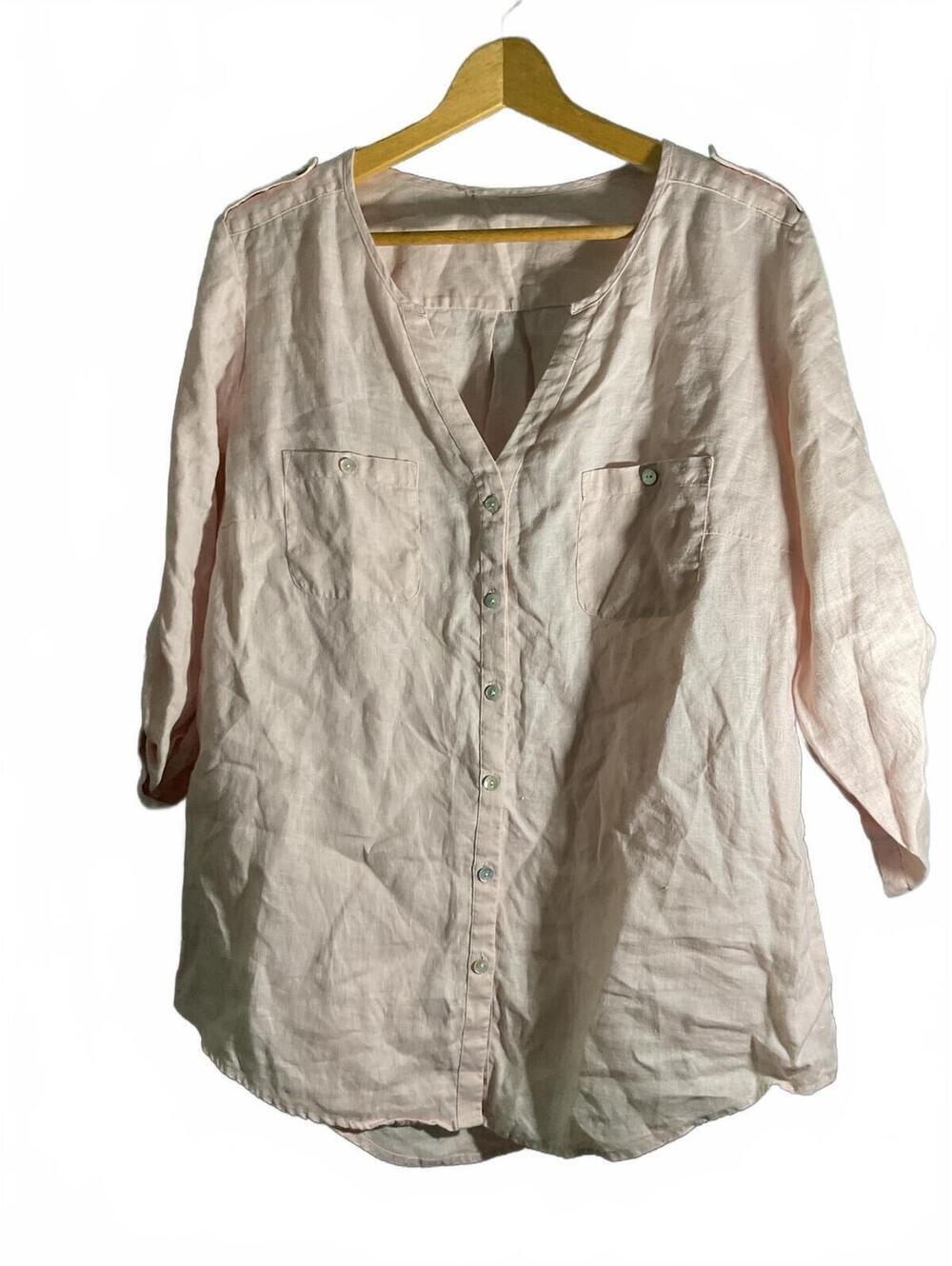 Go Silk Light Pink 100% Linen V-Neck Button Front 3/4 Sleeve Blouse